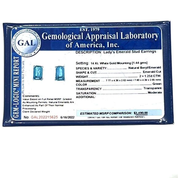 Natural Emerald Stud Earrings 14k White Gold 1.25 Cts Certified $3,490 215625 - Picture 9 of 9